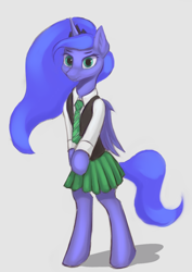 Size: 940x1329 | Tagged: safe, artist:foxpit, derpibooru import, princess luna, alicorn, semi-anthro, bipedal, clothes, female, frown, gray background, looking at you, mare, necktie, pleated skirt, shirt, simple background, skirt, solo, vest