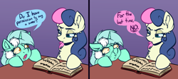 Size: 5120x2288 | Tagged: safe, artist:witchtaunter, derpibooru import, bon bon, lyra heartstrings, sweetie drops, earth pony, pony, unicorn, angry, book, chest fluff, comic, ear fluff, ears, faic, female, frown, l.u.l.s., lesbian, lyrabon, reading, shipping, simple background, speech bubble