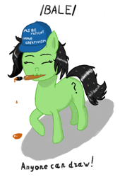 Size: 562x827 | Tagged: safe, anonymous artist, derpibooru import, oc, oc only, oc:anon filly, earth pony, pony, :3, brush, cap, cute, earth pony oc, eyes closed, female, filly, foal, hat, mouth hold, paint, paintbrush, simple background, solo, white background