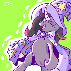 Size: 2000x2000 | Tagged: safe, artist:papacruda09, derpibooru import, oleander, classical unicorn, unicorn, them's fightin' herds, cape, clothes, cloven hooves, community related, cosplay, costume, female, happy, hat, horn, leonine tail, looking at you, mare, one eye closed, open mouth, simple background, solo, trixie's cape, trixie's hat, unshorn fetlocks, wink, winking at you, wizard hat
