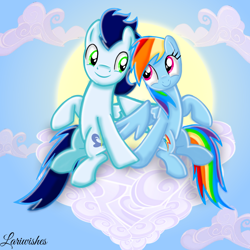 Size: 1300x1300 | Tagged: safe, artist:mlplary6, derpibooru import, rainbow dash, soarin', pegasus, pony, cloud, duo, female, floating, floating heart, heart, holding hooves, looking at each other, looking at someone, love, male, mare, romantic, shipping, sitting, sky, smiling, smiling at each other, soarindash, stallion, straight, sun