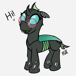 Size: 4000x4000 | Tagged: safe, artist:evan555alpha, oc, oc only, oc:yvette (evan555alpha), changeling, nymph, evan's daily buggo ii, aged down, changeling oc, colored sketch, dialogue, dorsal fin, fangs, female, filly, foal, glasses, green tongue, hi, looking up, missing accessory, open mouth, open smile, round glasses, signature, simple background, sketch, smiling, solo, technicolor tongue, text, tongue, white background, younger