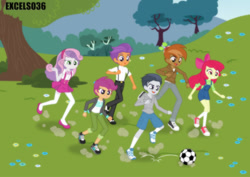 Size: 1120x792 | Tagged: safe, artist:excelso36, apple bloom, button mash, rumble, scootaloo, sweetie belle, tender taps, human, equestria girls, ball, casual, clothes, commission, dialogue, equestria girls-ified, female, football, male, park, playing, shoes, sports, suspenders, trash can, walking