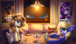 Size: 5000x2900 | Tagged: safe, artist:atlas-66, derpibooru import, princess celestia, oc, oc only, deer, pony, cactus, card, card game, chair, chest fluff, cigarette, colored, deer oc, duo, ear fluff, ears, emolestia, indoors, light, lighting, losing, non-pony oc, playing card, poster, shading, snow, snowfall, sofa, spycrab, table, tail, tail fluff, team fortress 2, uno, window, winning