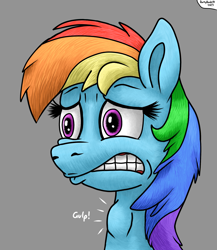 Size: 1674x1933 | Tagged: safe, artist:darkyboode32, derpibooru import, rainbow dash, pegasus, pony, bust, female, gray background, gulp, mare, neck bulge, onomatopoeia, scared, scaredy dash, simple background, solo, swallowing, throat bulge, worried