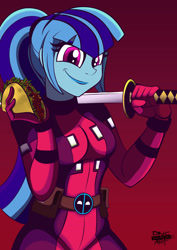 Size: 1920x2716 | Tagged: safe, artist:dncsamsonart, derpibooru import, sonata dusk, equestria girls, breasts, deadpool, female, food, katana, marvel, solo, sword, taco, weapon