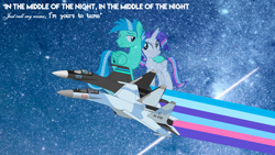 Size: 4000x2249 | Tagged: safe, artist:rarity3257, derpibooru import, oc, oc:sky dancer, oc:stardust falken, alicorn, pegasus, pony, angel of the night, couple, desktop background, father and child, father and daughter, female, galaxy, jet, jet fighter, male, night, parent and child, photo, plane, real life background, song reference, starfall, stars, su-35, su-35s super flanker, sukhoi, wallpaper