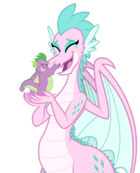 Size: 1920x2372 | Tagged: safe, artist:aleximusprime, derpibooru import, spike, oc, oc:queen chara, dragon, fanfic:go north young dragon, flurry heart's story, crying, dragon oc, dragoness, duo, duo male and female, eyes closed, fangs, fat, fat spike, female, holding a dragon, hug, male, mother and child, mother and son, non-pony oc, older, older spike, open mouth, parent and child, reunion, simple background, size difference, spike's mother, tears of joy, transparent background, wide hips