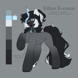 Size: 1600x1600 | Tagged: safe, artist:cofiiclouds, derpibooru import, oc, oc only, oc:ethan everson, unicorn, collar, dark skin, gem, green eyes, horn, male, reference sheet, solo, stallion, unicorn oc