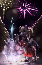 Size: 1462x2228 | Tagged: safe, artist:lonerdemiurge_nail, derpibooru import, derpy hooves, alicorn, pony, alicornified, bipedal, bipedal leaning, clothes, commission, derpicorn, female, fireworks, food, hoof hold, ice sculpture, kimono (clothing), leaning, mare, muffin, new year, race swap, smiling, solo