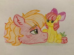Size: 2047x1524 | Tagged: safe, artist:pink-pone, derpibooru import, apple bloom, big macintosh, earth pony, pony, apple bloom's bow, bow, brother and sister, female, filly, foal, hair bow, male, siblings, stallion, traditional art