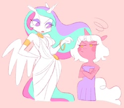 Size: 956x831 | Tagged: safe, artist:shugrcube, derpibooru import, princess celestia, oc, alicorn, anthro, unicorn, armlet, blush sticker, blushing, breasts, clothes, crossed arms, duo, female, hand on hip, height difference, jewelry, looking at each other, looking at someone, mare, pictogram, pink background, princess breastia, simple background, toga, wide hips