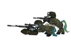 Size: 5760x3240 | Tagged: safe, artist:flutterriver, derpibooru import, oc, oc only, oc:rubisco, oc:tracerwake, pegasus, unicorn, 2023 community collab, assault rifle, derpibooru community collaboration, gun, rifle, simple background, transparent background, weapon