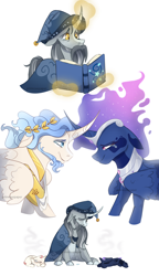 Size: 1280x2226 | Tagged: safe, artist:primrosepaper, derpibooru import, princess celestia, princess luna, star swirl the bearded, oc, oc:king morningtide, oc:queen umbra, alicorn, pony, unicorn, baby, baby pony, book, celestia and luna's father, celestia and luna's mother, cewestia, crying, female, filly, foal, horn, horns are touching, male, mare, simple background, stallion, story included, white background, woona, younger