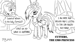 Size: 1200x675 | Tagged: safe, artist:pony-berserker, derpibooru import, princess cadance, shining armor, pony-berserker's twitter sketches, alternate hairstyle, crystal empire, emo, monochrome, pony-berserker's twitter sketches (2023), speech bubble