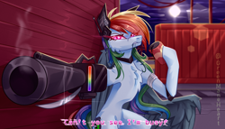 Size: 3500x2000 | Tagged: safe, artist:greenmaneheart, derpibooru import, rainbow dash, pony, belly, can, concave belly, elements of insanity, slim, solo, thin, weapon
