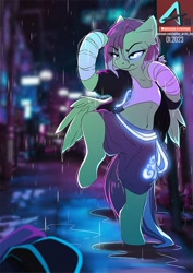 Size: 777x1100 | Tagged: safe, artist:arctic-fox, derpibooru import, oc, oc only, oc:watermelon success, pegasus, pony, semi-anthro, bipedal, clothes, hoof wraps, jacket, midriff, rain, shorts, solo, tanktop