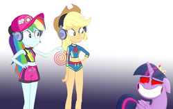 Size: 572x361 | Tagged: safe, derpibooru import, edit, edited screencap, screencap, applejack, rainbow dash, twilight sparkle, twilight sparkle (alicorn), alicorn, pony, equestria girls, my little pony: the movie, 1000 years in photoshop, appledash, female, gradient background, hypno eyes, hypnosis, hypnotic, hypnotist, hypnotized, jewelry, lesbian, pendant, pendulum, pendulum swing, red sclera, shipping