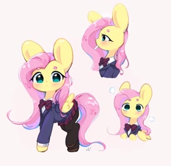 Size: 2048x1986 | Tagged: safe, artist:bubbletea, derpibooru import, fluttershy, pegasus, pony, bowtie, clothes, flutter can't communicate, jacket, komi can't communicate, no mouth, shouko komi, skirt, solo, stockings, thigh highs