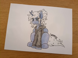 Size: 4032x3024 | Tagged: safe, alternate version, artist:yognaughtsteve, derpibooru import, princess luna, alicorn, pony, alternate hairstyle, clothes, ear piercing, hoodie, mass effect, piercing, solo, tattoo, text, traditional art