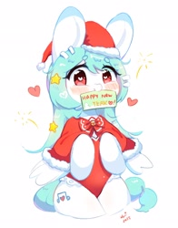 Size: 1608x2048 | Tagged: safe, artist:bubbletea, derpibooru import, oc, oc only, oc:uki, pegasus, pony, blushing, christmas, happy new year, hat, heart, holiday, mouth hold, santa hat, simple background, solo, white background