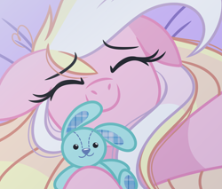 Size: 1956x1664 | Tagged: safe, artist:emberslament, derpibooru import, oc, oc only, oc:bay breeze, pegasus, pony, rabbit, animal, bed, cute, eyes closed, female, hoof hold, mare, pegasus oc, plushie, selfie, smiling, solo, unmoving plaid