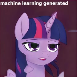 Size: 1024x1024 | Tagged: safe, derpibooru import, edit, machine learning generated, twilight sparkle, twilight sparkle (alicorn), alicorn, pony, g4, derpibooru, lidded eyes, meta, open mouth, solo, spoilered image joke, thisponydoesnotexist, tumor