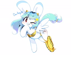 Size: 2048x1626 | Tagged: safe, artist:bubbletea, derpibooru import, oc, oc only, oc:uki, pegasus, pony, blushing, clothes, costume, flying, looking at you, lum invader, one eye closed, simple background, smiling, solo, spread wings, urusei yatsura, white background, wings, wink, winking at you