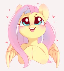 Size: 961x1061 | Tagged: safe, artist:melodylibris, derpibooru import, fluttershy, pegasus, pony, g4, blushing, bust, cute, daaaaaaaaaaaw, ear blush, female, floating heart, full face view, heart, hooves together, looking up, mare, open mouth, open smile, shyabetes, simple background, smiling, solo, spread wings, white background, wings
