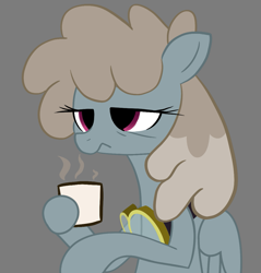 Size: 1035x1083 | Tagged: safe, artist:anonymous, derpibooru import, dust devil, pegasus, pony, bust, coffee, coffee mug, female, goggles, holding, mare, mug, portrait, simple background, solo, tired, wings