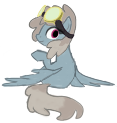 Size: 409x428 | Tagged: safe, artist:anonymous, derpibooru import, dust devil, pegasus, pony, female, goggles, goggles on head, looking at you, looking back, looking back at you, mare, raised hoof, raised leg, simple background, sitting, smiling, smiling at you, solo, white background, wings