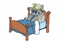 Size: 3500x2500 | Tagged: safe, artist:anonymous, derpibooru import, dust devil, pegasus, pony, bed, bedsheets, female, goggles, goggles on head, mare, pillow, simple background, sleepy, solo, white background, wings