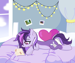 Size: 5178x4416 | Tagged: safe, artist:pritonhells, derpibooru import, oc, oc only, oc:dreaming bell, unicorn, base used, bed, bed sheets, bedroom, book, commission, cute, female, heart, heart pillow, horn, lying down, mare, photos, pillow, reading, relaxing, solo, unicorn oc, ych result