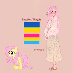Size: 2048x2048 | Tagged: safe, artist:cryweas, derpibooru import, fluttershy, human, pegasus, pony, alternate hairstyle, blushing, clothes, feet, female, humanized, mare, pansexual, pansexual pride flag, pink background, pride, pride flag, reference sheet, sandals, shirt, simple background, skirt, solo, solo female, ukraine