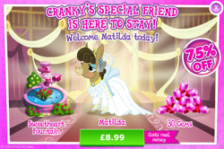 Size: 1959x1301 | Tagged: safe, derpibooru import, matilda, donkey, advertisement, bush, clothes, costs real money, dress, ear piercing, earring, english, eyeshadow, female, flower, fountain, gameloft, gem, jenny, jewelry, makeup, mobile game, my little pony: magic princess, numbers, official, piercing, sale, solo, solo focus, statue, text, veil, wedding dress