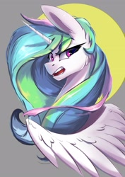 Size: 2480x3508 | Tagged: safe, artist:i love hurt, derpibooru import, princess celestia, alicorn, pony, g4, bust, canines, celestia is not amused, ear fluff, ears, eyebrows, eyebrows visible through hair, eyelashes, female, lidded eyes, mare, nimbus, open mouth, portrait, simple background, solo, teeth, unamused, wings