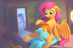 Size: 3214x2143 | Tagged: safe, artist:foxpit, derpibooru import, fluttershy, rainbow dash, twilight sparkle, unicorn twilight, pegasus, unicorn, chest fluff, eyes closed, female, flutterdash, folded wings, hug, lesbian, looking at someone, mare, misleading thumbnail, open door, open mouth, partially open wings, shipping, sitting, slim, surprised, thin, wings