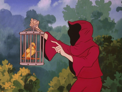 Size: 960x720 | Tagged: safe, derpibooru import, screencap, kyrie, somnambula (g1), bird, canary, human, g1, my little pony 'n friends, somnambula (episode), birdcage, cage, cloak, clothes, duo, female
