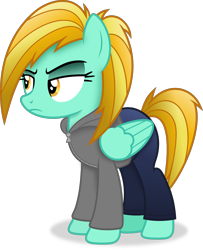 Size: 3119x3839 | Tagged: safe, alternate version, artist:anime-equestria, derpibooru import, lightning dust, pegasus, pony, alternate hairstyle, annoyed, clothes, female, hoodie, mare, pants, simple background, solo, sweatpants, transparent background, vector, wings