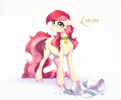 Size: 2430x2004 | Tagged: safe, artist:sparkling_light, derpibooru import, roseluck, earth pony, pony, behaving like a cat, broken vase, chest fluff, collar, commission, commissioner:doom9454, cute, cyrillic, dialogue, ears, ears back, female, floppy ears, mare, onomatopoeia, pet collar, pet tag, pony pet, purring, rosepet, russian, simple background, solo, speech bubble, translated in the description, white background