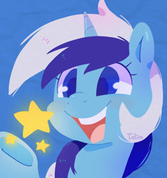 Size: 1200x1278 | Tagged: safe, artist:talim_stuff, derpibooru import, minuette, pony, unicorn, bust, colored pupils, female, hooves, lineless, mare, open mouth, open smile, smiling, solo, stars