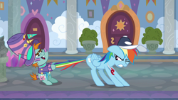 Size: 1280x720 | Tagged: safe, derpibooru import, screencap, rainbow dash, snips, pony, 2 4 6 greaaat, coach rainbow dash, gritted teeth, tail, tail pull, teeth