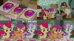 Size: 2000x1125 | Tagged: safe, derpibooru import, edit, edited screencap, editor:quoterific, screencap, apple bloom, scootaloo, snap shutter, sweetie belle, earth pony, pegasus, pony, unicorn, the last crusade, apple bloom's bow, bow, cutie mark crusaders, father and child, father and daughter, female, filly, foal, frown, hair bow, male, open mouth, open smile, parent and child, pointing, sad, scootasad, smiling, spread wings, stallion, the cmc's cutie marks, wings