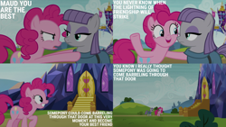 Size: 2000x1125 | Tagged: safe, derpibooru import, edit, edited screencap, editor:quoterific, screencap, maud pie, pinkie pie, earth pony, pony, rock solid friendship, door, duo, duo female, eyeshadow, female, frown, grin, makeup, mare, open mouth, open smile, pie sisters, raised hoof, raised leg, siblings, sisters, smiling, stairs, twilight's castle