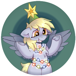 Size: 2000x2000 | Tagged: safe, artist:kotya, derpibooru import, derpy hooves, pegasus, pony, bipedal, blushing, chest fluff, christmas, christmas lights, derpy star, ears, female, floppy ears, frog (hoof), grin, holiday, looking at you, mare, sheepish grin, simple background, smiling, solo, spread wings, stars, transparent background, underhoof, wings