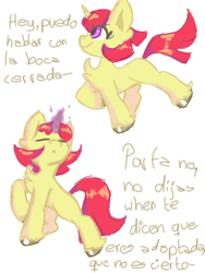 Size: 1080x1440 | Tagged: safe, artist:flower-black, derpibooru exclusive, derpibooru import, apple bloom, pony, unicorn, comic:friendship reimagined, simple background, solo, spanish, species swap, translation request, white background