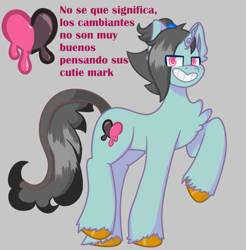 Size: 787x800 | Tagged: safe, artist:flower-black, derpibooru exclusive, derpibooru import, oc, oc:flower black, pony, unicorn, disguise, disguised changeling, ponysona, smiling, spanish