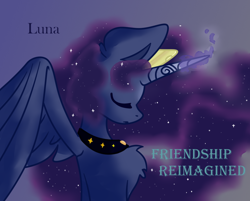 Size: 980x787 | Tagged: safe, artist:flower-black, derpibooru exclusive, derpibooru import, princess luna, alicorn, comic:friendship reimagined, alternate universe, concave belly, eyes closed, jewelry, magic, regalia, slim, text, thin, tiara