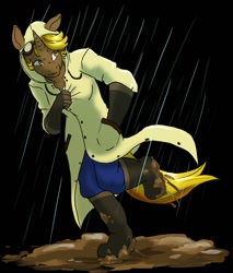 Size: 1092x1280 | Tagged: safe, artist:ketzel99, derpibooru import, oc, oc only, oc:golden gear, anthro, unicorn, anthro oc, black background, boots, horn, mud, raincoat, shoes, simple background, solo, unicorn oc