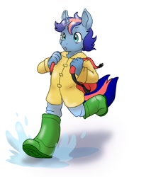 Size: 1092x1280 | Tagged: safe, artist:ketzel99, derpibooru import, oc, oc only, oc:ryo, anthro, unicorn, anthro oc, backpack, clothes, horn, puddle, rain boots, raincoat, simple background, solo, unicorn oc, water, white background